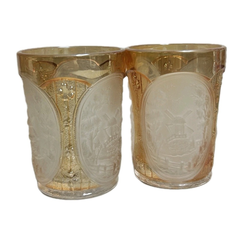 VINTAGE IMPERIAL FROSTED CARNIVAL GLASS WINDMILL MARIGOLD 2 GLASSES Dutch Scene